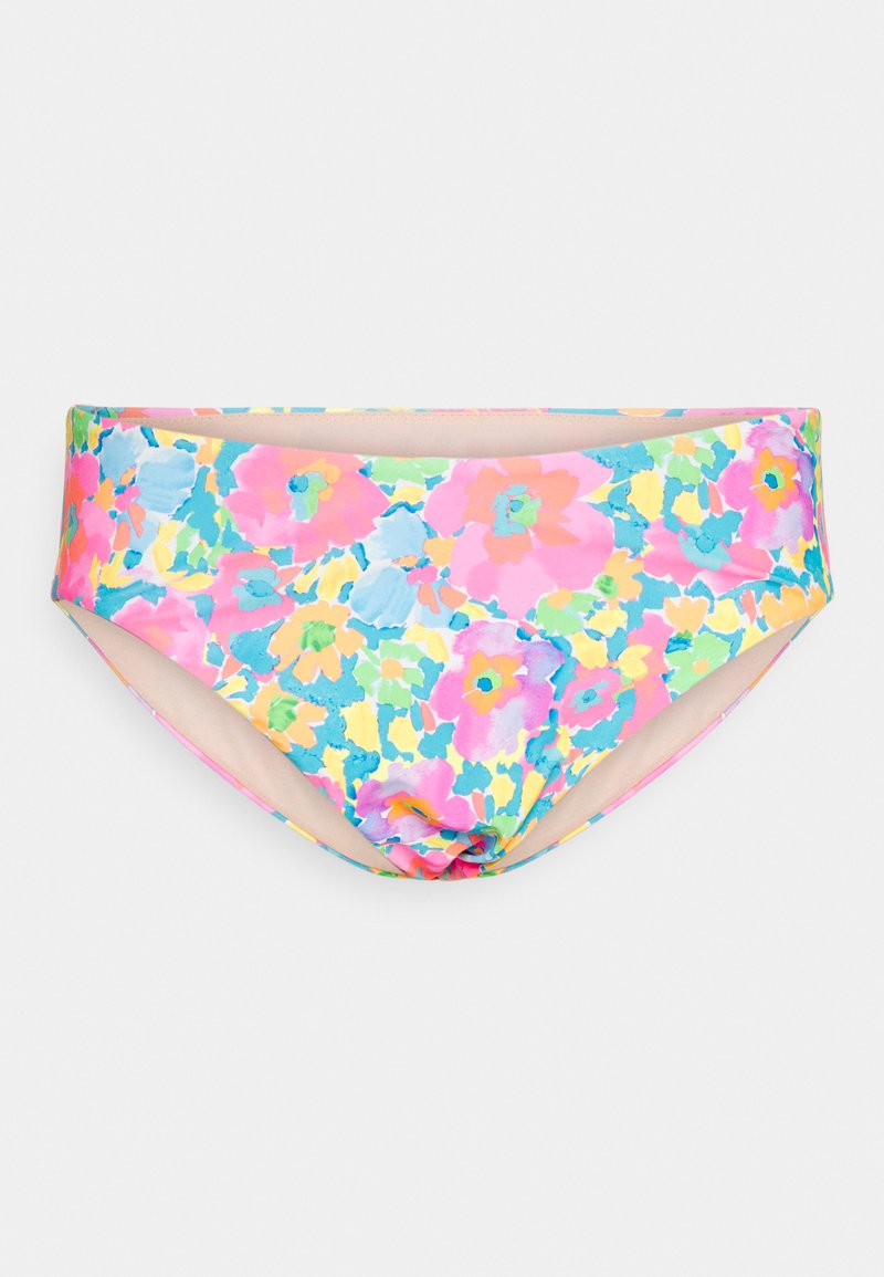 Parte de baixo de biquíni floral com um padrão multicolorido de flores rosa, azuis e amarelas sobre uma base rosa clara e um acabamento suave.