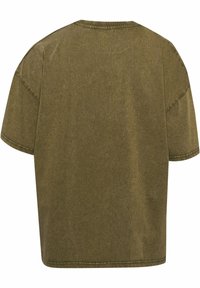 Short-sleeved olive green t-shirt, made of textured fabric, features a relaxed fit, round neckline, and visible stitching along the edges.