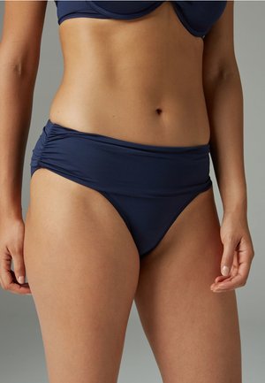 Marinblå bikiniunderdelar med hög midja, med rynkade sidodelar och en slät yta, designade för komfort och stöd.