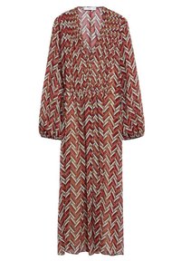 Robe mi-longue à manches longues avec motif chevron rouge, beige et blanc, encolure en V, taille froncée et poignets élastiques.