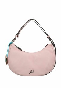 Rosa Lederhandtasche mit runder Form, ausgestattet mit einem schwarzen Tragegurt, einem Reißverschluss und einer strukturierten Oberfläche. Enthält ein blaues Akzentdetail.