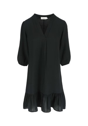 Musta mekko, jossa on V-pääntie, kolme neljännestä puffihametta ja röyhelöhelma. Valmistettu kevyestä kankaasta, jossa on sileä pinta.