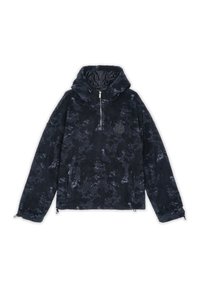 Fleece genser med hette i svart med abstrakt teksturmønster, halv-glidelås foran, sidelommer og justerbar kant. Har en logo-detalj.