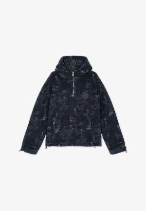 Musthave lõngus must fleece pullover, millel on abstraktne tekstuuriga muster, pooltõmbe ees, küljetaskud ja reguleeritav alumine serv. Omab logo aksenti.