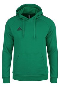 Zelená mikina s kapucí a klokaní kapsou, se černými akcenty a logem Adidas na levém hrudníku. Měkká látka, design na přetažení.