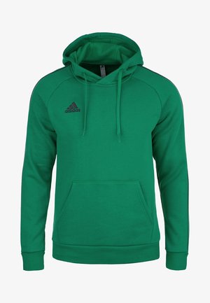 Zelená mikina s kapucí a klokaní kapsou, se černými akcenty a logem Adidas na levém hrudníku. Měkká látka, design na přetažení.