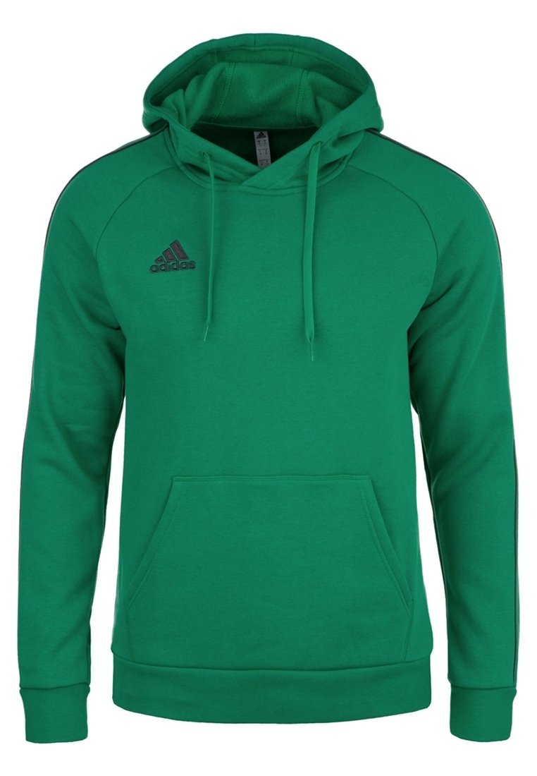 Zelená mikina s kapucí a klokaní kapsou, se černými akcenty a logem Adidas na levém hrudníku. Měkká látka, design na přetažení.