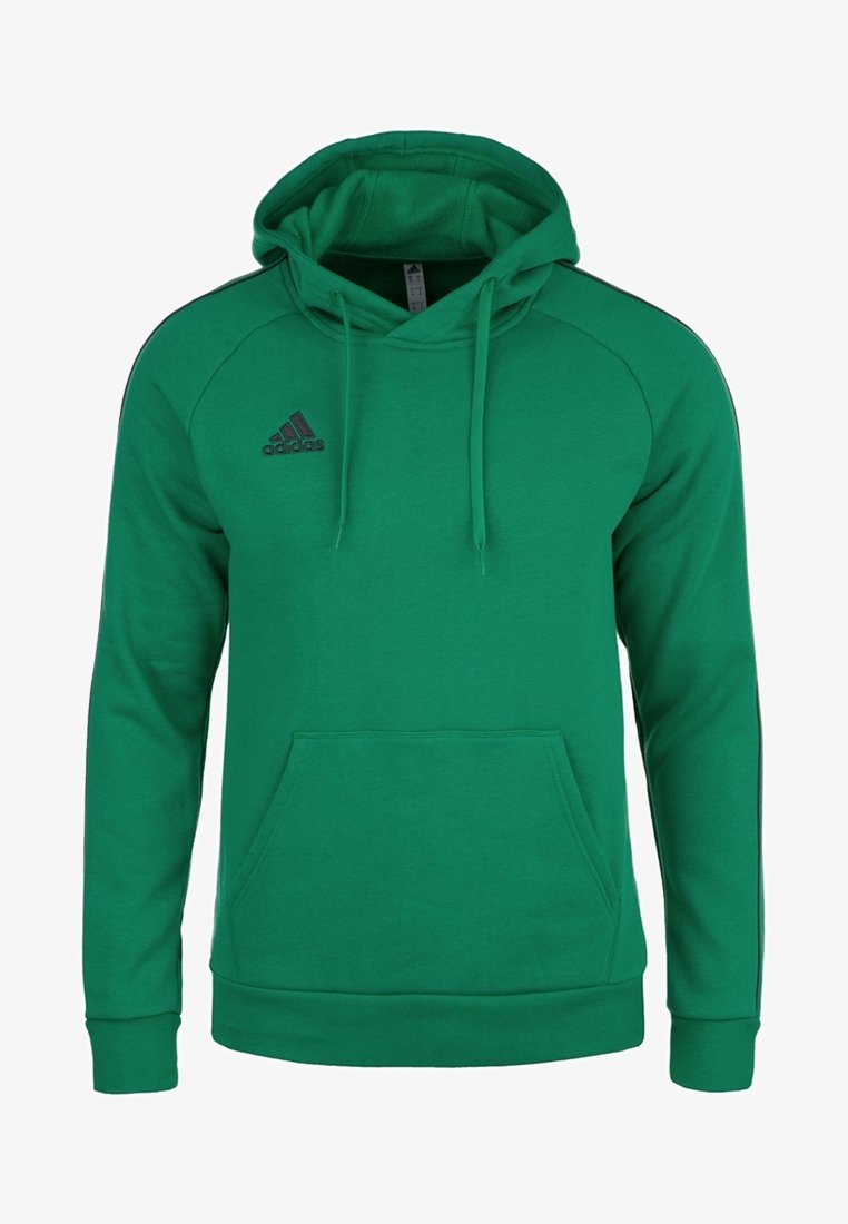 Zelená mikina s kapucí a klokaní kapsou, se černými akcenty a logem Adidas na levém hrudníku. Měkká látka, design na přetažení.