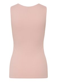 Ljus rosa ribbad linne med rund halsringning, åtsittande siluett, utan ärmar och en slät textur.