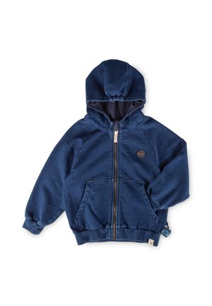 Marineblauer Kapuzenpullover mit Reißverschluss, langen Ärmeln, Fronttaschen, elastischen Bündchen und Kapuze mit gerafftem Detail.