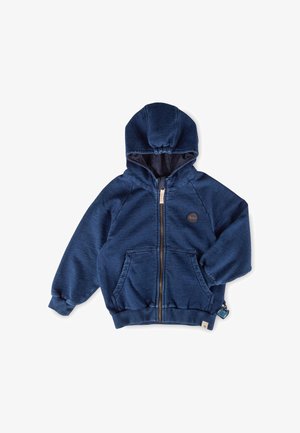 Marineblauer Kapuzenpullover mit Reißverschluss, langen Ärmeln, Fronttaschen, elastischen Bündchen und Kapuze mit gerafftem Detail.