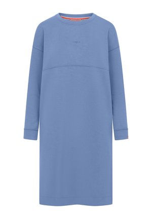 Lichtblauw casual lange mouwen jurk met ronde hals, horizontale naad over de borst en klein logo geborduurd op het midden voor.