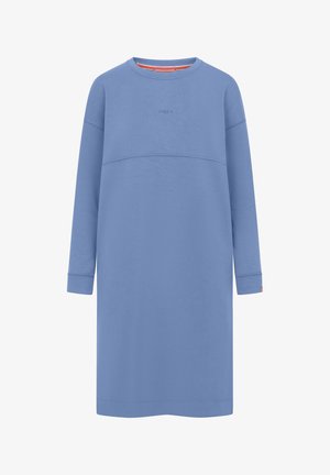 Hellblaues, langärmliges Freizeitkleid mit Rundhalsausschnitt, horizontaler Naht über der Brust und kleinem Logo, das vorne in der Mitte gestickt ist.