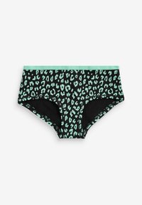 Zwarte stof boyshorts met een mintgroen luipaardprintdesign en een bijpassende mintgroene tailleband. Zacht katoenen materiaal.