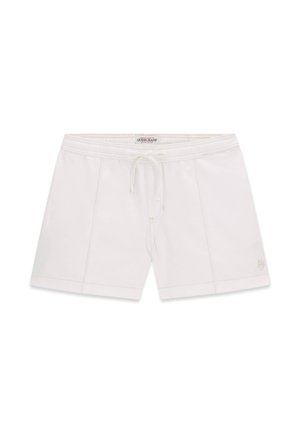 Weiße legere Shorts mit vorderem Kordelzug, vertikalen Nähten und kleinem Logo am unteren linken Bein, flach auf einem weißen Hintergrund ausgelegt.