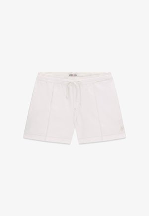 Weiße legere Shorts mit vorderem Kordelzug, vertikalen Nähten und kleinem Logo am unteren linken Bein, flach auf einem weißen Hintergrund ausgelegt.