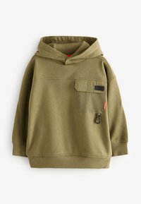 Oliwkowy, kapturowy sweatshirt z kieszenią z przodu, z siateczkową teksturą, suwakiem i ściągaczami przy rękawach i u dołu.
