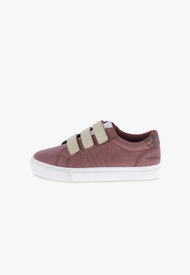 Velcro-strap sneakers in burgundy textile with white soles. Features geometric stitching and a smooth texture on the upper.