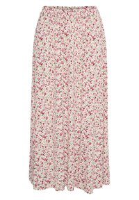 Long, floral skirt featuring a light cream background with pink and green flower patterns. Elastic waistband, flowing fabric, and a tiered design.