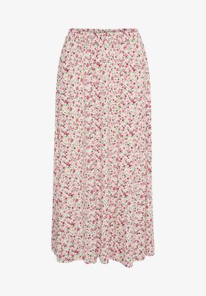 Langer, blumiger Rock mit einem hellcremefarbenen Hintergrund und rosa sowie grünen Blumenmustern. Elastischer Taillenbund, fließender Stoff und mehrlagiges Design.