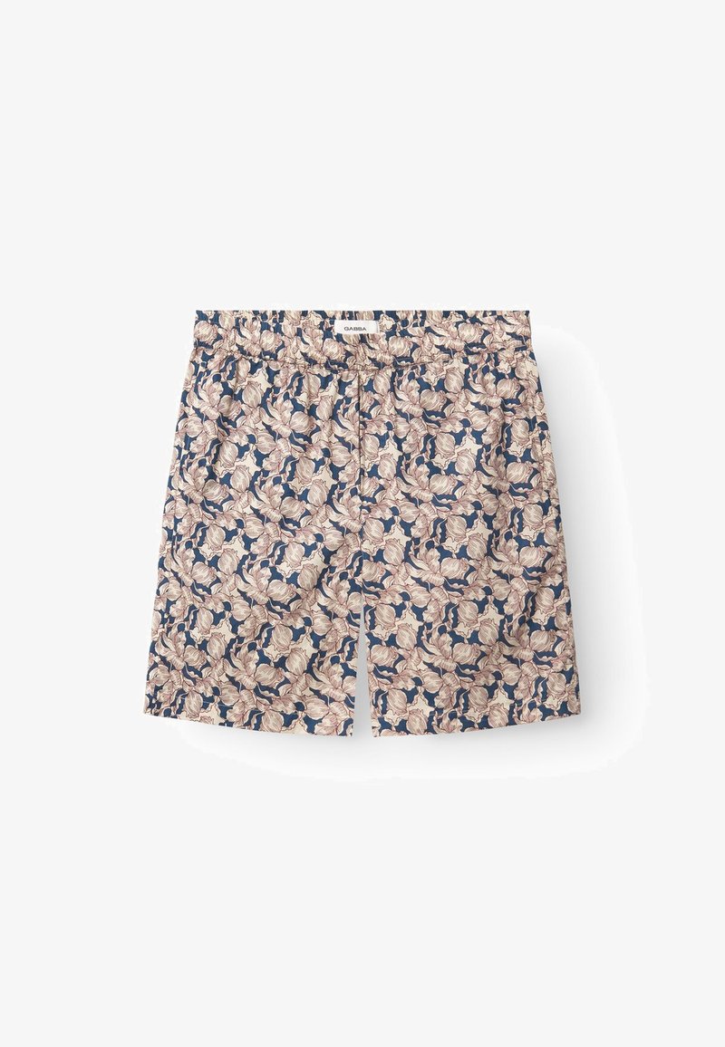 Men's swim shorts with an elastic waistband, featuring a floral pattern in beige and navy blue. Lightweight fabric with a relaxed fit.
