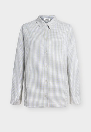 Heren overhemd met lange mouwen en knopen, met een klein blauw, grijs en beige geruit patroon en puntige kraag.