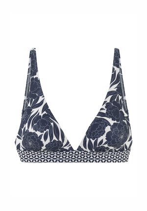 Kolmnurksest bikiinitopist, millel on tumesinine lillemuster ja valgel taustal vöörihm, millel on geomeetriline tumesinine ja valge muster rinnakorvi all.