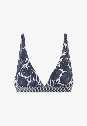 Top de bikini triangulo con patrón floral azul marino y banda geométrica azul marino y blanca debajo del pecho sobre fondo blanco.