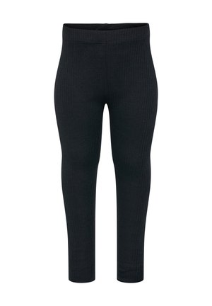 Sorte ribbede leggings med en glat tekstur, høj talje og tætsiddende design, der går ned til ankellængde. Ingen synlige hardware-detaljer.