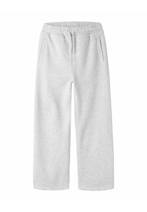 Lysegrå joggingbukser med elastisk talje, snøre og sidelommer, vist fladt mod en hvid baggrund.