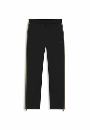 Schwarze Sporthose mit einem Kordelzugbund, kontrastierenden olivgrünen Seitenstreifen und Reißverschlussbündchen. Hergestellt aus einem weichen, atmungsaktiven Material.