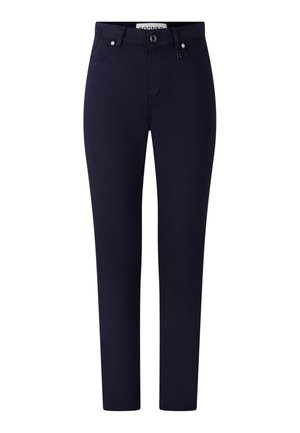 Pantalons bleu marine en tissu extensible. Les caractéristiques incluent une fermeture éclair, un bouton, des poches avant et une coupe ajustée.