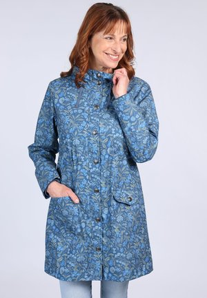 Floral-patterned blue coat with a high collar, snap buttons, and side pockets, made from lightweight material. Features a relaxed fit.