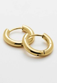Orecchini a cerchio in oro con una finitura liscia e lucida. Design arrotondato con una chiusura senza giunture e un profilo leggermente spesso.