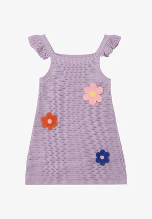 Robe sans manches en maille lavande avec des bretelles à volants et trois grandes appliques florales colorées en rose, orange et bleu.