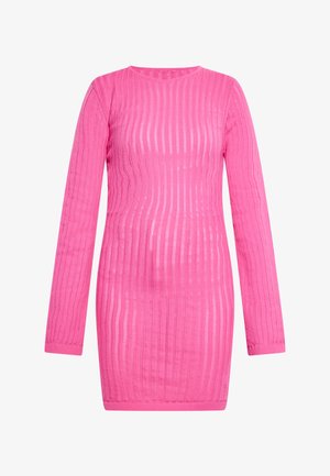Pink long-sleeve dress made of ribbed knit fabric. Features a round neckline and a bodycon fit, showcasing a textured and transparent design.