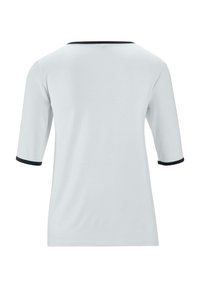 Witte korte mouwen shirt met ronde hals, voorzien van zwarte accenten op de kraag en mouwen, gemaakt van soepel materiaal. Eenvoudig ontwerp.