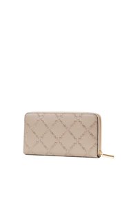 Portafoglio beige con un motivo testurizzato e una cerniera dorata, posizionato su uno sfondo bianco. Design elegante e alla moda.