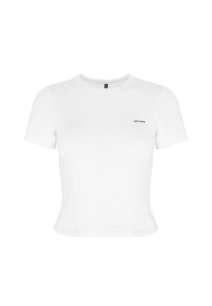White short-sleeve t-shirt with a fitted design. Features raglan sleeves and a small black logo on the front. Smooth, stretchy fabric.