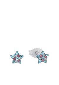 Orecchini a forma di stella in argento, con cristalli turchesi e rosa disposti in un motivo scintillante.