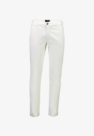 Pantaloni di cotone bianchi con vestibilità dritta, dotati di zip frontale, chiusura con un solo bottone e risvolti sulle caviglie.