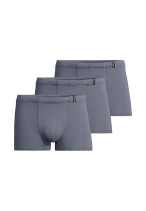Three pairs of plain grey men's boxer briefs with a small black brand tag on the waistband, arranged side by side.