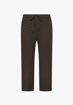 Pantaloni marroni a gamba larga con texture, con cintura elastica e coulisse frontale, mostrati su uno sfondo bianco.