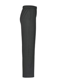 Pantalons gris à taille élastique avec une coupe droite, fabriqués à partir d'un tissu texturé, avec des détails de couture sur les côtés pour un style supplémentaire.