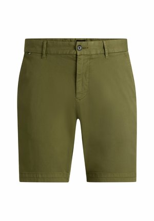 Olive green cotton shorts featuring a straight cut, button fly, and pockets. Smooth texture with a clean, minimalist design.