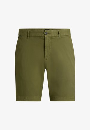 Olive green cotton shorts featuring a straight cut, button fly, and pockets. Smooth texture with a clean, minimalist design.