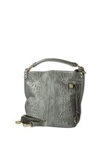 Grijze leren handtas met reliëf krokodillenpatroon, gouden beslag, één afneembare band en een zijzak met rits. Soepele textuur.