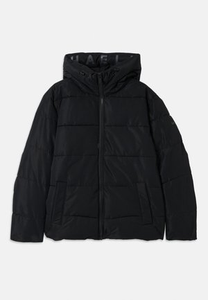 Black puffer jacket with a hood, featuring a zip closure, stitched pattern, and side pockets. Made of lightweight, water-resistant material.