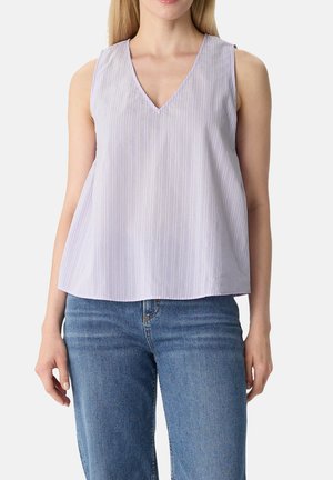 Light purple sleeveless top with a V-neck, featuring vertical thin white stripes. The fabric appears smooth and slightly glossy.