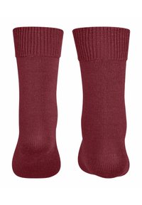 Burgunderfarbene Stricksocken mit einem gerippten Bündchen. Glatte Textur mit einer runden Zehenpartie und verstärktem Fersenbereich. Einfaches Design, geeignet für den Freizeitgebrauch.